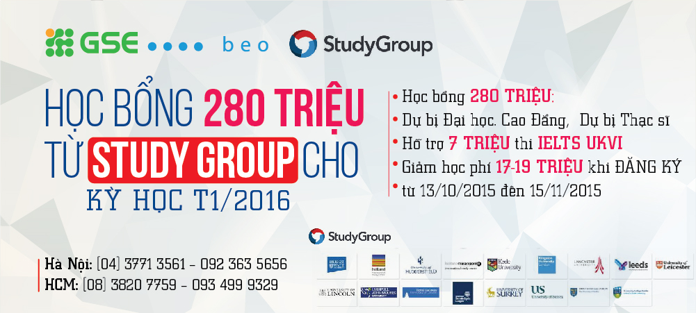 HỌC BỔNG KHỦNG 280 TRIỆU TỪ STUDY GROUP CHO KỲ HỌC THÁNG 1/2016