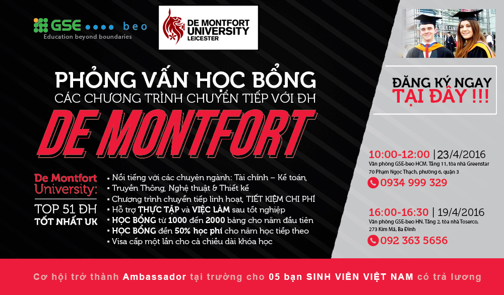 Phỏng vấn trực tiếp học bổng các chương trình chuyển tiếp của ĐH De Montfort, Anh Quốc